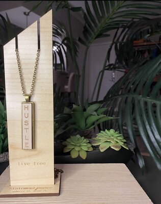 #ad HANDMADE Necklace Artisan “HUSTLE” Wood Pendant Statement Organic Eco Friendly