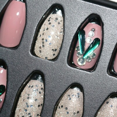 #ad 24pcs Wearable Fake Nails Press On Full Cover Sparkle Almond False Nail Gift Box