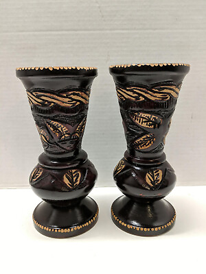 #ad Vintage Matched Pair Hand Carved Floral Natural Wood Vase Boho Mid Century 10.5”