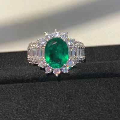 #ad 4 Ct Simulated Diamond Engagement Green Emerald Halo Ring 14k White Gold Plated