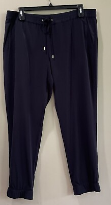 #ad Michael Kors Navy Blue Women#x27;s Faux Drawstring Elastic Joggers Pants Size 12