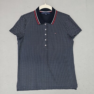 #ad Tommy Hilfiger Polo Womens L Navy Blue Polka Dot Preppy Classic Embroidered Logo