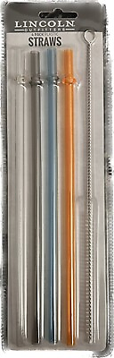 #ad NEW 4 Pack Hard Plastic Straws Clear Grey Blue Orange with Cleaning Brush