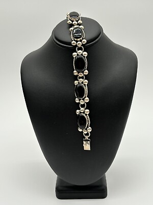 #ad Vintage Sterling Silver Onyx Bracelet 925 Chunky 8” Estate Jewelry Oval Gemstone
