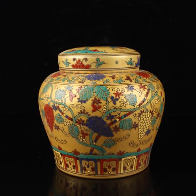 #ad 5.5quot; old antique ming dynasty chenghua mark porcelain yellow grape pattern pot