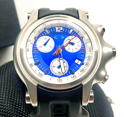 #ad OAKLEY HOLESHOT WATCH Honed Stainless Case Blue Chronograph Dial Pristine Rare