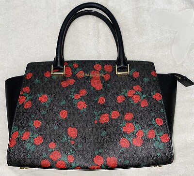 #ad Michael Kors Selma Seffiano Leather Floral Medium Top Zip .