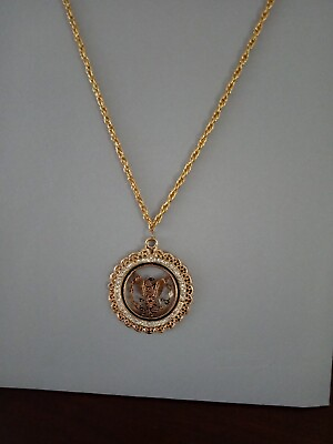 #ad Vintage Ornate Eagle Medallion Goldtone Necklace Pendant with Rhinestones