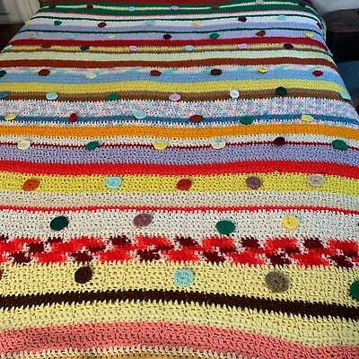 #ad VTG 3D Granny Quilt Striped Knobs Hand Crocheted Yellow Pink Large 75” X 70”