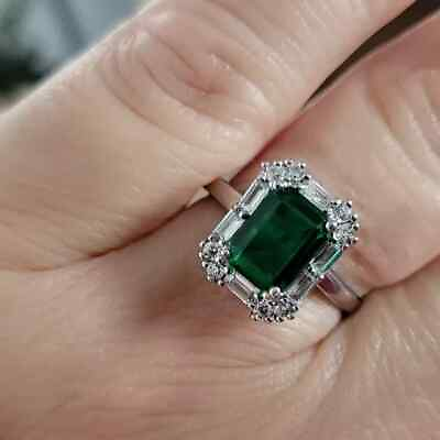 #ad 2 Ct Simulated Diamond Engagement Green Emerald Halo Ring 14k White Gold Plated