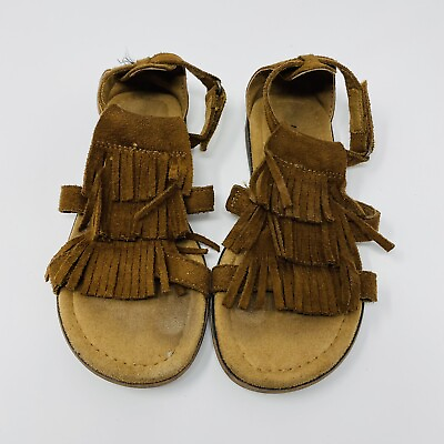 #ad Minnetonka Size 12 Brown Suede 3 Layer Fringe Sandals Open Toe Flat Casual
