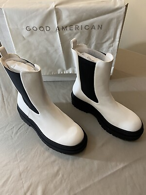 #ad GOOD AMERICAN Womens Chelsea Boots Size 8.5 White Leather Combat Boot Fall