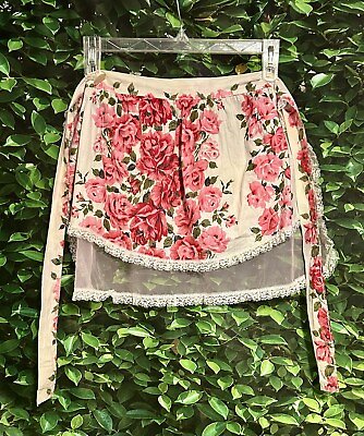 #ad Vintage Reversible Half Apron Artistic Apron House Pink White Roses NOS Stained