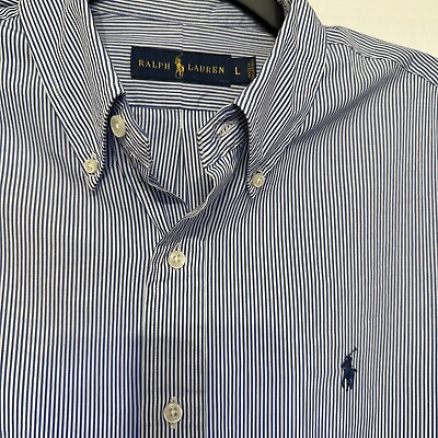 #ad Ralph Lauren Size Large Mens Shirt Button Down Long Sleeve White Blue Striped