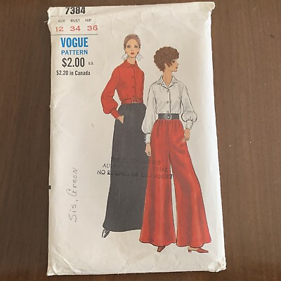 #ad Vintage 1972 VOGUE Pattern 7384 Size 14 Bust34 Hip 34 Pantskirt Pants Blouse