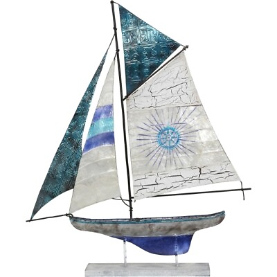 #ad Capiz amp; Metal Art Schooner Sailboat on Stand Blue White 21x17.5x4quot;