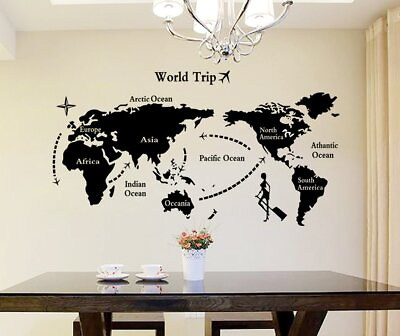 #ad World Map Wall Sticker PVC Vinyl 90 cm x 60 cm Black Pack of 1