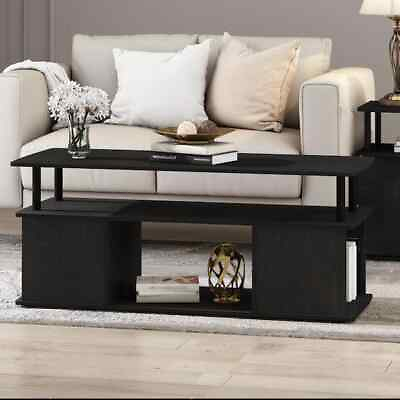 #ad Furinno Coffee Table Black Wood Built In Storage Space Rectangle Shape 4 Shelves