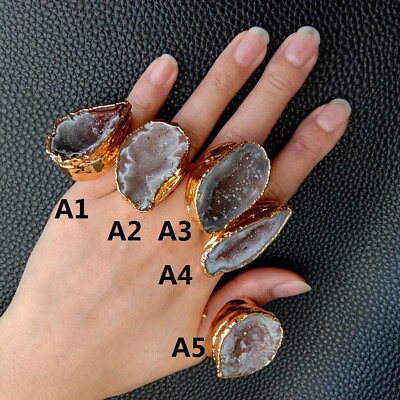 #ad Natural Stone Agates Druzy Raw Rings Gold Plated Geode Resizable Size Jewelry