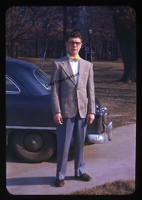 #ad Teenage Boy Bow Tie Glasses Suit 1950s 35mm Slide Red Border Kodachrome