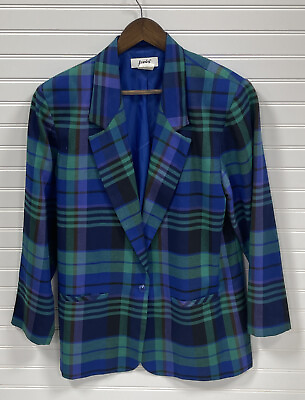 #ad Vintage Lucia Green Blue Plaid Blazer Jacket Made USA 80s 90s Womens Sz 12