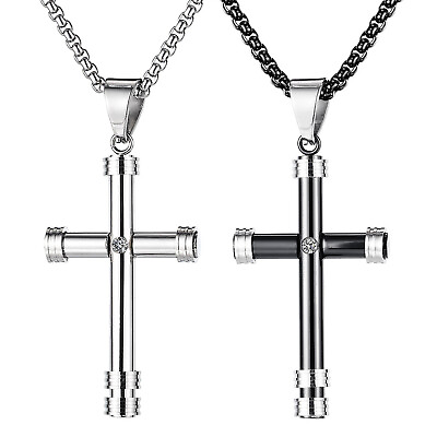 #ad Men Women CZ Cross Titanium Stainless Steel Pendant Necklace Rolo Chain 22quot;