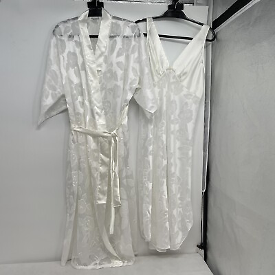 #ad VTG LUCIE ANN Size M BRIDAL White Floral ROBE amp; nightgown Set