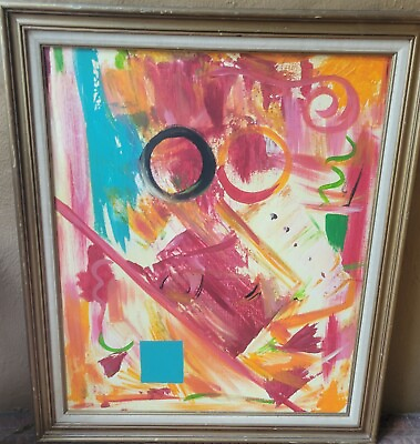 #ad Vintage Dick Wray Modernist Abstract Oil Painting On Canvas Signed Framed 1986