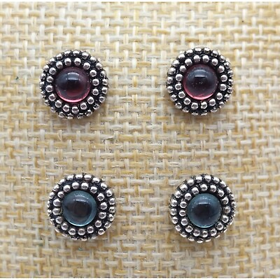 #ad Lot of 2 Pair Stud Earrings Silver Tone Studded Blue Pink Center Minimalist