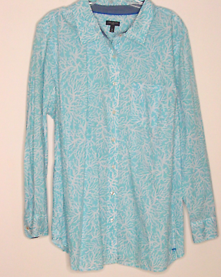#ad Talbots 2X roll tab sleeves button up blouse blue w white coral design Beach