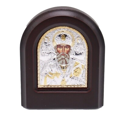 #ad 5.5quot; Saint Nicholas Icon Silver Wall Wood Stand Holy Byzantine Church Orthodox