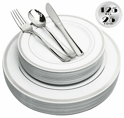 #ad JL Prime 125 PC Heavy Duty Disposable Silver Plastic Plates amp; Cutlery for Party