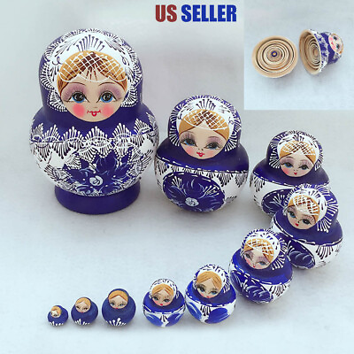 #ad 10pcs Blue Dolls Set Wooden Russian Nesting Babushka Matryoshka Hand Painted