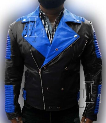 #ad Handmade Men#x27;s Black Biker Speed Ribbed Blue Collar Fashion Leather Jacket Sale