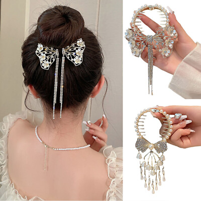 #ad Party Bow Rhinestone Tassel Hair Clip Crystal Pearl Ponytail Buckle Hairpin