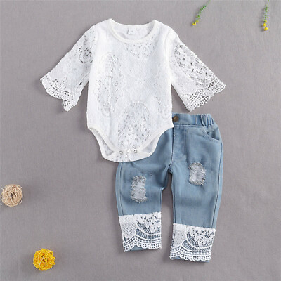 #ad Baby Girl Clothes Fall Cute Baby Girl Outfit Sets Lace Romper Blue Denim Pants