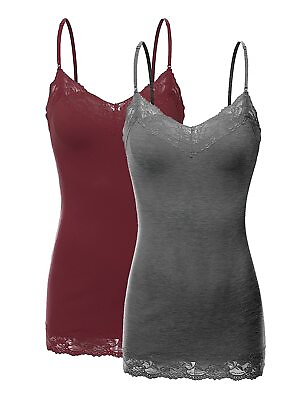#ad Women#x27;s and Juniors Adjustable Spaghetti Strap Lace Trim Long Camisole Tank Top $16.99