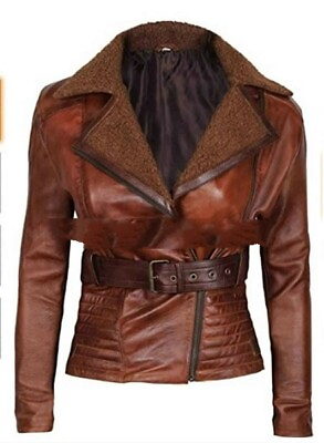 #ad Women Genuine Lambskin Tan Brown Biker Motorcycle Real Leather Jacket