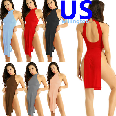 #ad US Sexy Women Bodycon Dress Ultra Thin Lingerie High Slit Leg Cheongsam Clubwear