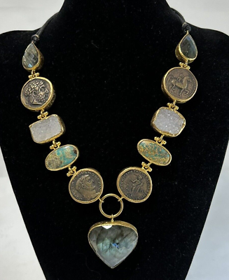 #ad Handmade Quartz Labradorite Turquoise amp; Roman Coin 20quot; Statement Cord Necklace
