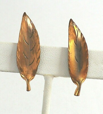 #ad Stuart Nye Screw Back Earrings Willow Leaves Copper amp; Sterling Silver Vintage