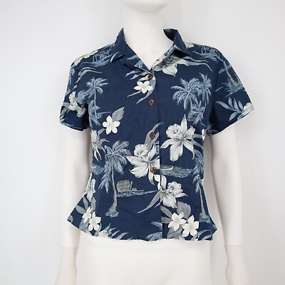 #ad Island Shores Women Hawaiian Blue Shirt size Large