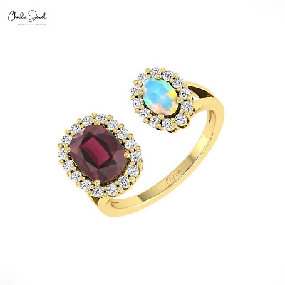 #ad Double Halo Ring Rhodolite Garnet amp; Opal Ring 14K Gold Diamond Adjustable Rings