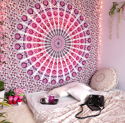 #ad Mandala Tapestry Indian Hippie Wall Hanging Bohemian Queen Pink Peacock Throw $17.99
