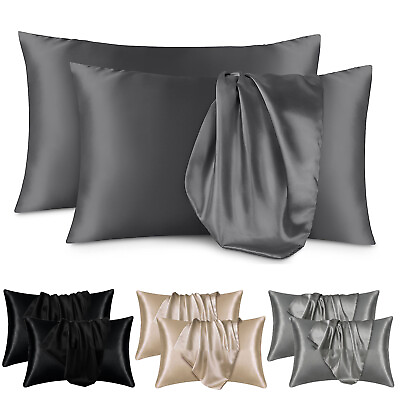 #ad Pack Of 2 Satin Silk Pillowcase Silk Cover King Queen Size Luxury Cushion Cover
