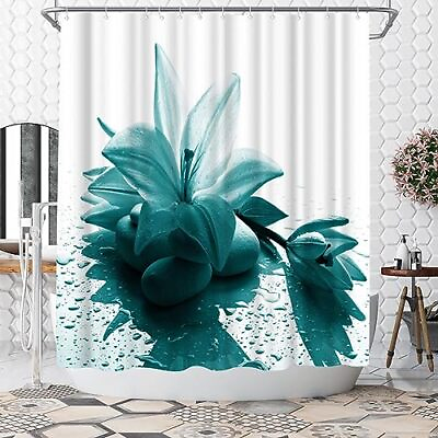 #ad Teal Shower Curtain Lily Flower Bath Curtain Turquoise Shower Curtain Bathroo...