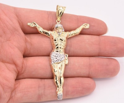 #ad 3quot; Mens Diamond Cut Crucifix Jesus Body Pendant Charm Real 10K Yellow White Gold