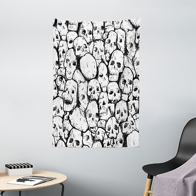 #ad White Tapestry Grungy Skulls Halloween Print Wall Hanging Decor