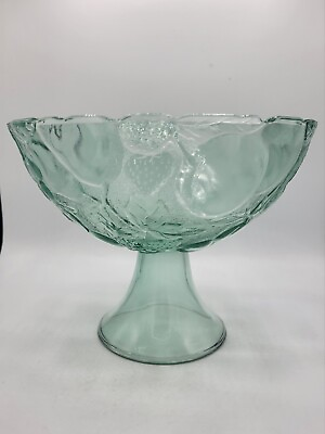 #ad Vintage Pressed Green Fruit Bowl On Pedestal Embossed Fruit 7.5quot; H X 10quot; W