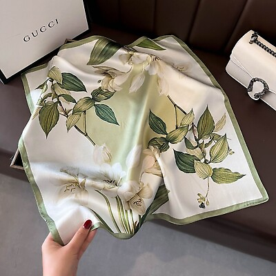#ad 100% Silk Scarf Women Vintage Green Flower Kerchief Square Bandana Wrap 53*53cm